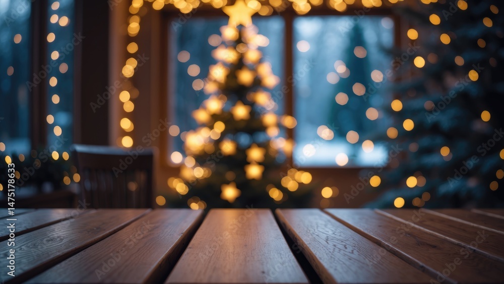 Poster table without items in front of a festive background