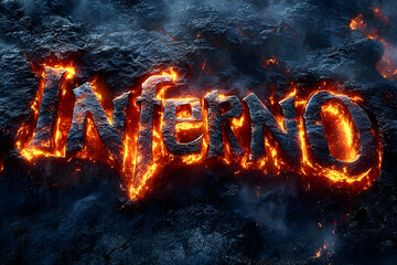 Fiery, volcanic rock forms the word "Inferno," glowing intensely against a dark, smoky background
