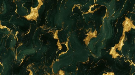 Abstract emerald green and gold fluid art painting background texture close up detail overhead shot