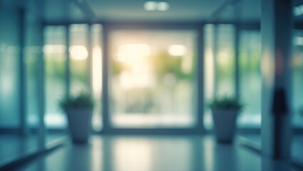 Modern business center corridor with out-of-focus background and entrance perspective