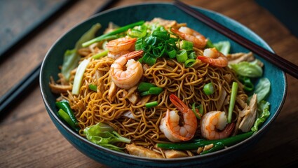 Chicken and vegetable fried noodles in a bowl placed on a wooden table setting