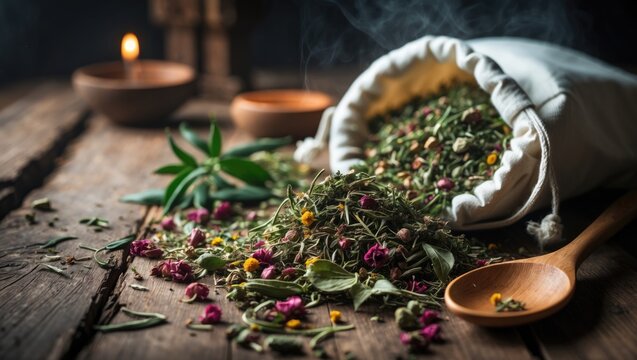 Healing and aromatic herbs for tea, bath, and cosmetics in a white cotton bag with wooden spatula on wooden table
