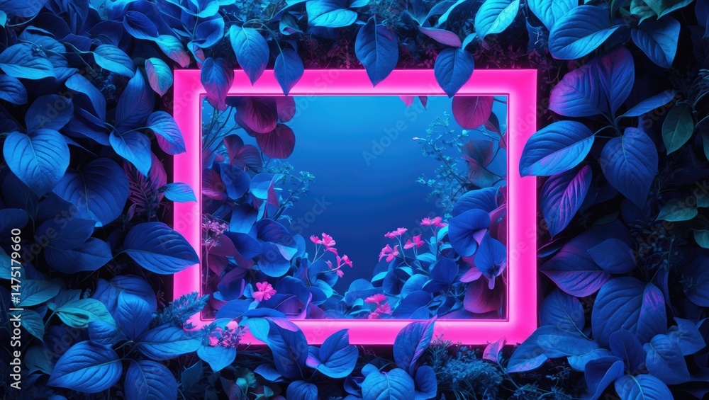 Poster flat lay of fresh leaves showcased in a vivid fluorescent color arrangement with a rectangular light