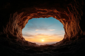 View from inside a cave looking out at a glowing sunset through the rocky opening