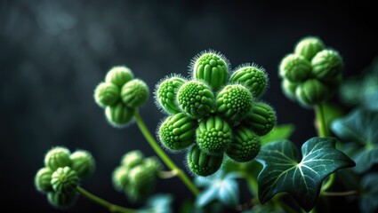 Extreme close-up of ivy flower umbels with green, atom-like buds and hairy nectar-rich balls isolated on black background