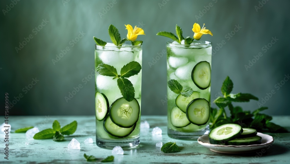 Poster mint and cucumber detox water on ice in a glass. lemonade made at home with flavor.