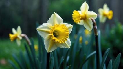 Zoomed-in view of yellow daffodils in nature, perfect as natural backgrounds and wallpapers
