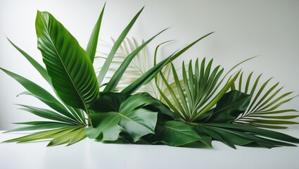 Obraz premium Vibrant jungle composition in an exotic nature style, green palm and aralia leaves on white background, floral frame, web banner