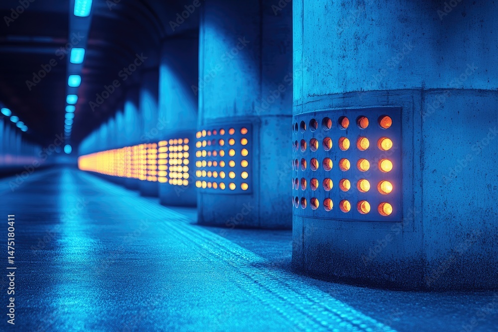 Poster illuminated tunnel featuring architectural columns with integrated lighting systems