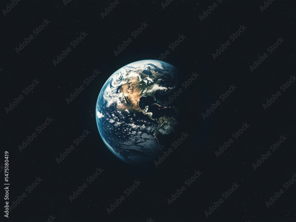 Poster earth from space view of planet orbiting with stars in dark background showing north america and clo