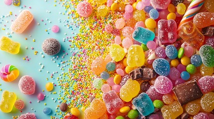 Assorted gummy sweets scattered with chocolate high resolution picture