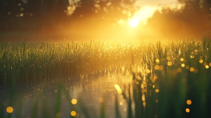 A serene sunrise over a rice field, with golden rays illuminating the dewy green stalks and creating a peaceful and picturesque morning scene.