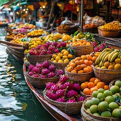 Obraz premium Authentic Thai floating fruit vendor setup high resolution picture