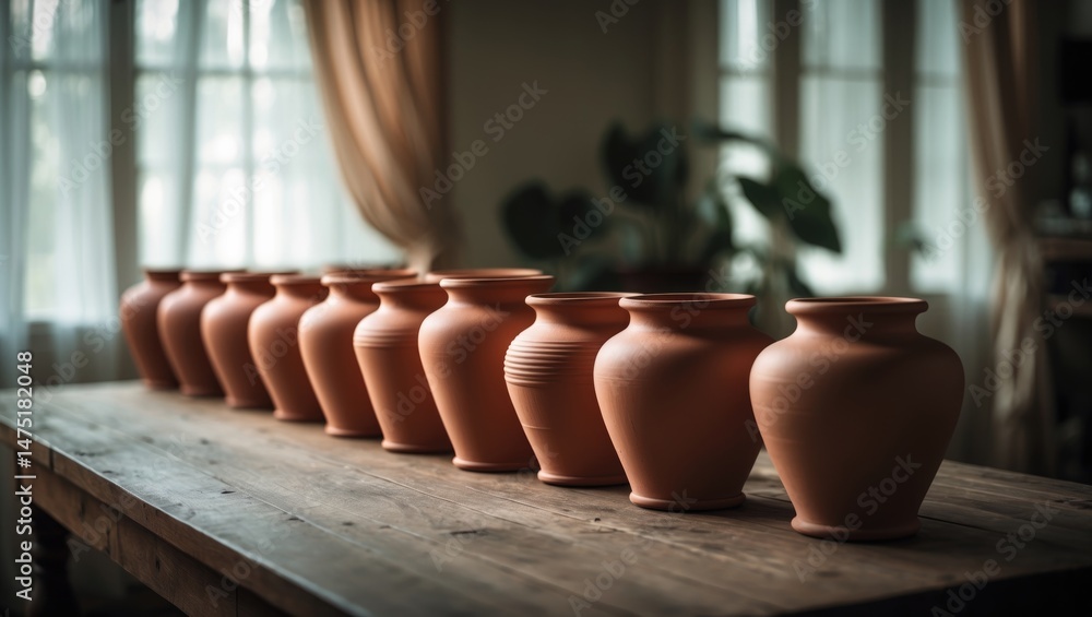 Poster living space with a large white window and a desk table filled with pots and open space