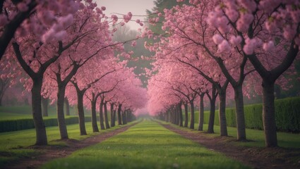 Naklejka premium Embellished garden showcasing cherry blossoms on a grassy area