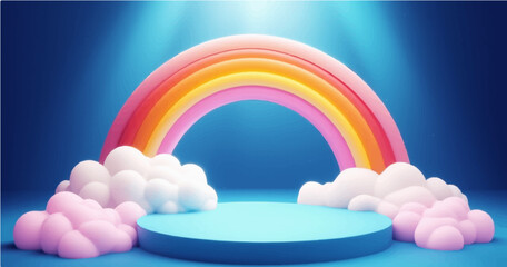 Flat vector illustration of a colorful rainbow with pastel tones, arching over a round platform with soft clouds on each side, set against a dreamy blue background with light rays shining from above.