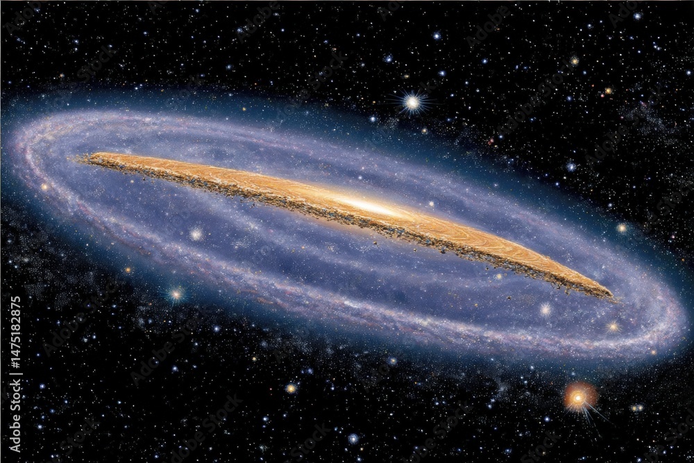 Poster a spiral galaxy with a bright core and a flat, disk-like shape surrounded by countless stars in deep