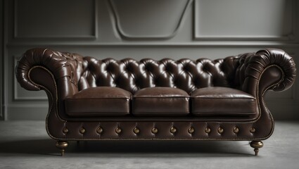 Grey backdrop with a brown leather loveseat