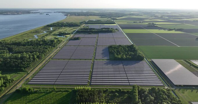 generation of renewable energy, the largest solar park in the Netherlands, Dronten, Biddinghuizen, aerial view.