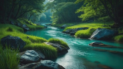 A tranquil view of a turquoise stream slipping gently past large rocks and verdant forests, ideal for a peaceful nature escape.