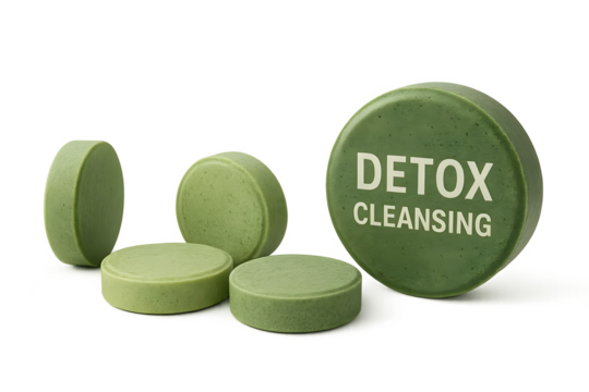 Green detox cleansing tablets arranged, with one tablet prominently labeled DETOX CLEANSING and others in the background. Concept Detox Cleansing Tablets, Health & Wellness, Natural Supplements