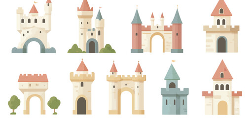 Obraz premium Medieval castle construction is undertaken in isolation, featuring components of fortresses and towers, and blending the simplicity of a childish paper game with the grandeur of old architecture and