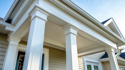 Fototapeta premium Traditional porch with fiber cement soffit, crown molding, and vinyl column wrap to improve exterior aesthetics