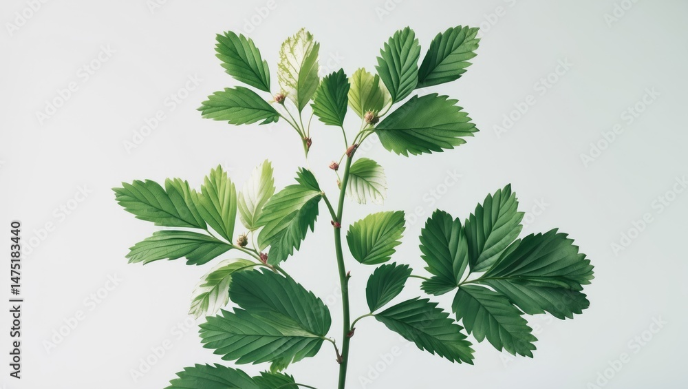 Poster raspberry leaves attached to a branch isolated on a white background