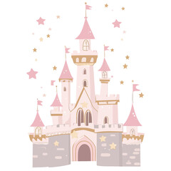 A cute fairy tale princess castle, baby print, is depicted in a simple cartoon flat illustration on a transparent PNG background