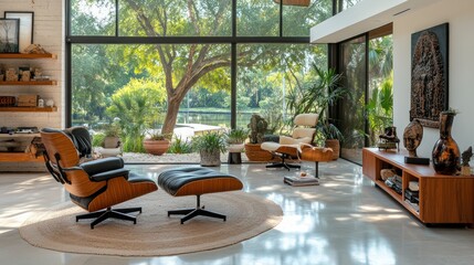 Modern, stylish living room with panoramic views.  Large windows showcase a tranquil outdoor space.  Comfortable, mid-century modern furnishings blend seamlessly with contemporary decor