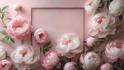 Natural floral frame with tender peonies on a pink background and copy space.