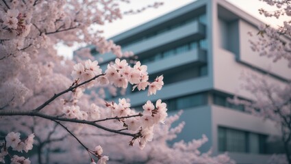 Blooming cherry trees in spring outdoors, vertical shot with copy space