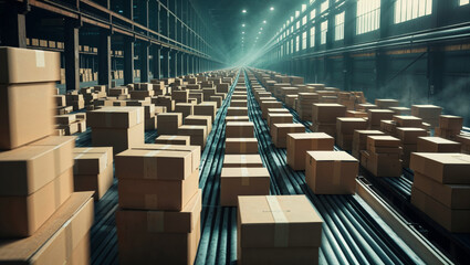 Fototapeta premium A long conveyor belt stretches into the distance, loaded with neatly stacked cardboard boxes.