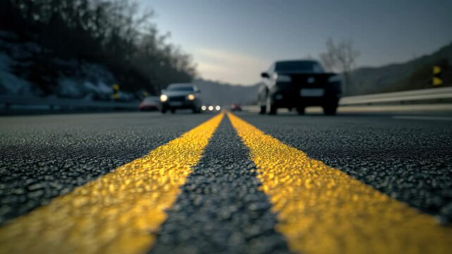 Asphalt road surface perspective with painted lines guides traffic and transportation route