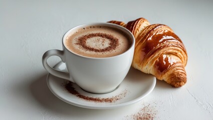 Coffee and baked croissant in a mug on a breakfast table