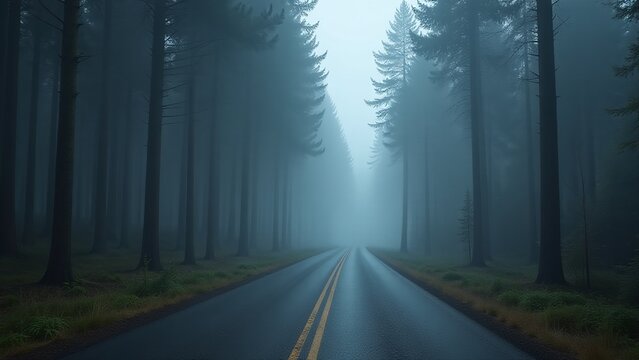 Sweden forest road on a foggy morning, tall trees lining misty path, mysterious quiet landscape with soft greys and moody tones