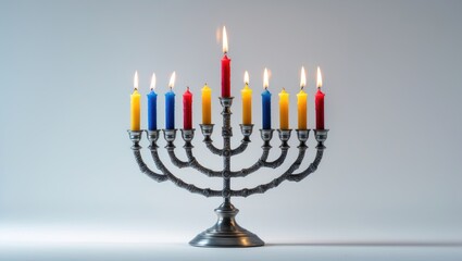 Fototapeta premium Celebration background with a menorah and lit candles on a plain white background