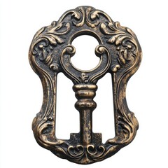 Ornate Key Casting Close Up Isolated on White Background Antique Style Gold and Black Finish Decorative Design