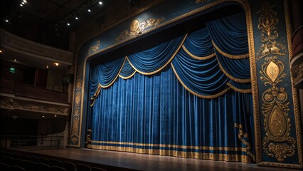 Grand Theatre Stage Blue Velvet Curtains, Gold Accents, Dramatic Composition, Stage Design, Theatre Photography Stage design, Theatre