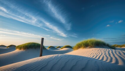 Fototapeta premium Dusk view of a sand dune with greenery by the sea with colorful sky and clouds