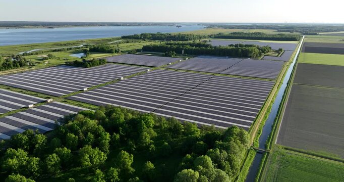 generation of renewable energy, the largest solar park in the Netherlands, Dronten, Biddinghuizen, aerial view.