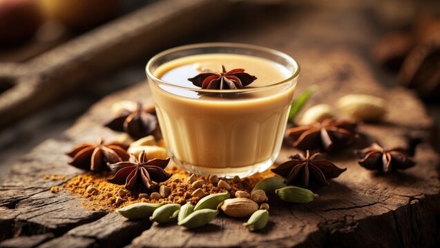 Herbal masala chai featuring black tea, spices, and sugar on a wooden surface