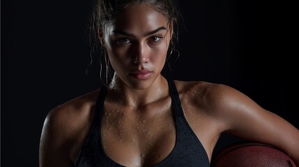 Obraz premium Female basketball player, model. Female basketball star. Sports model. Sweaty sports model. AI generated.