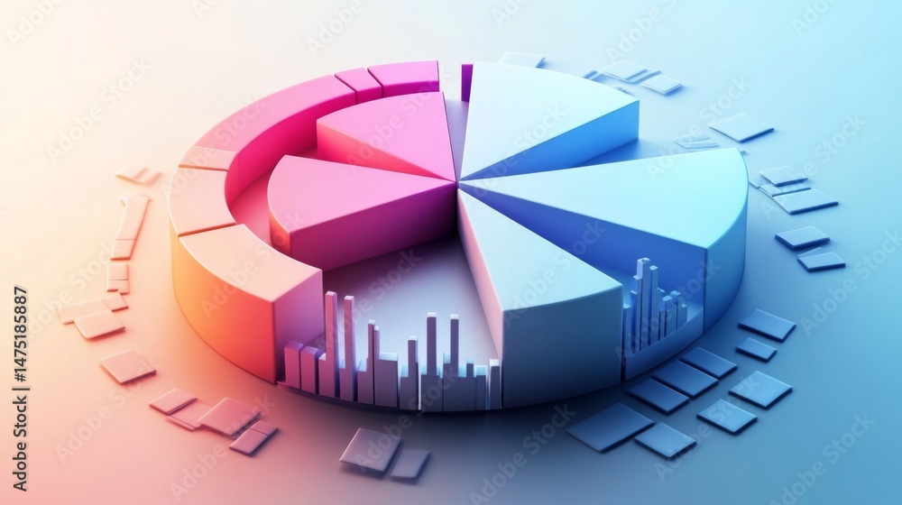 Poster a stunning d pie chart with intricately designed segments, set against a gradient backdrop, emphasiz
