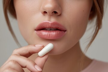 Naklejka premium A woman holding a pill in front of her mouth