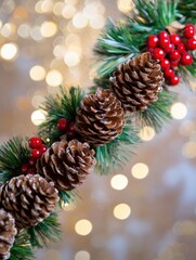 Festive Christmas garland close up with pine cones red berries and bokeh lights holiday decoration still life