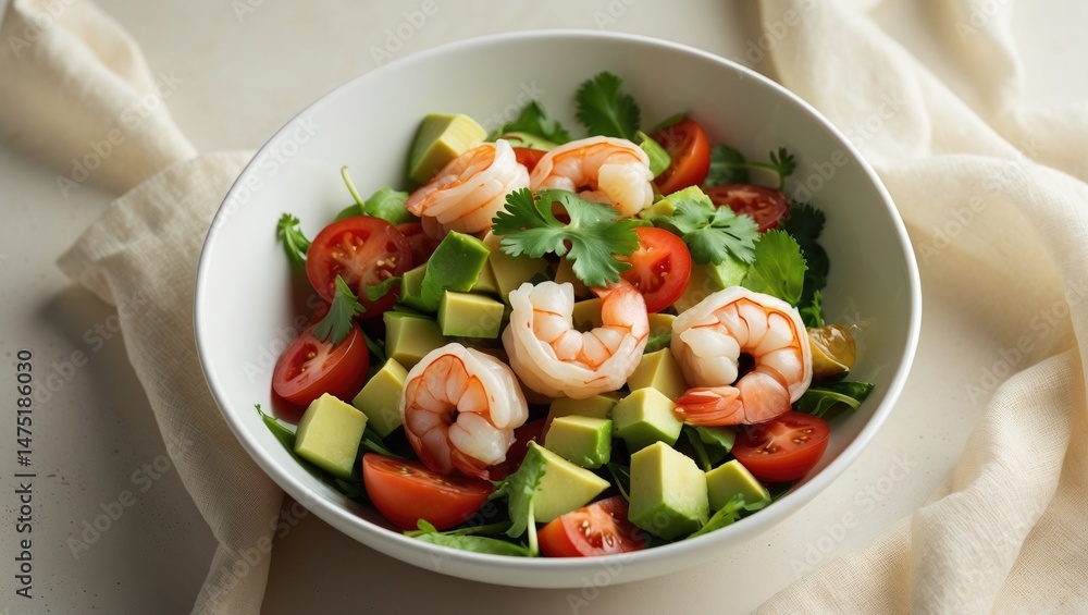 Poster Zoomed-in perspective of salad in a bowl set against a light backdrop with available text space. Healthy diet idea.