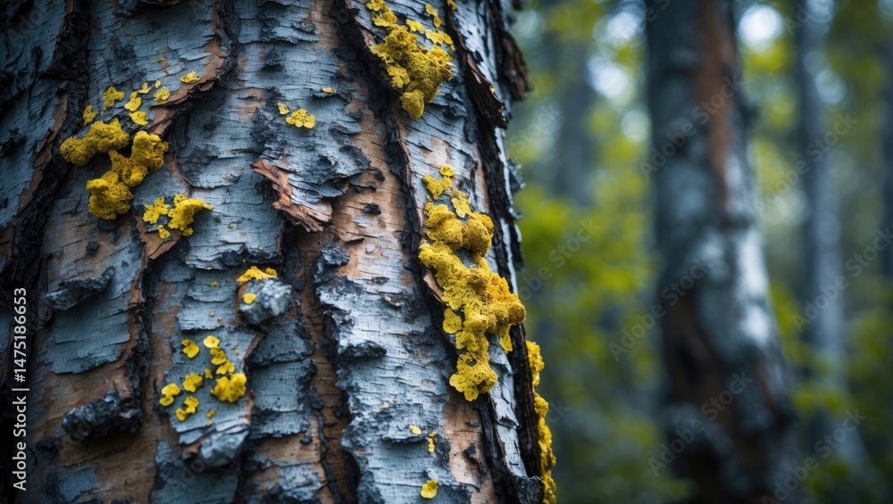 Poster macro image of white and black birch bark with lichen, emphasizing textured surface and natural envi
