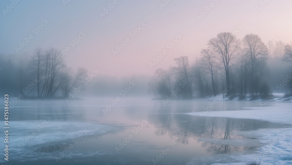 Poster quiet winter view showcasing a frozen lake ahead with a soft haze wrapping around the shadowy trees 