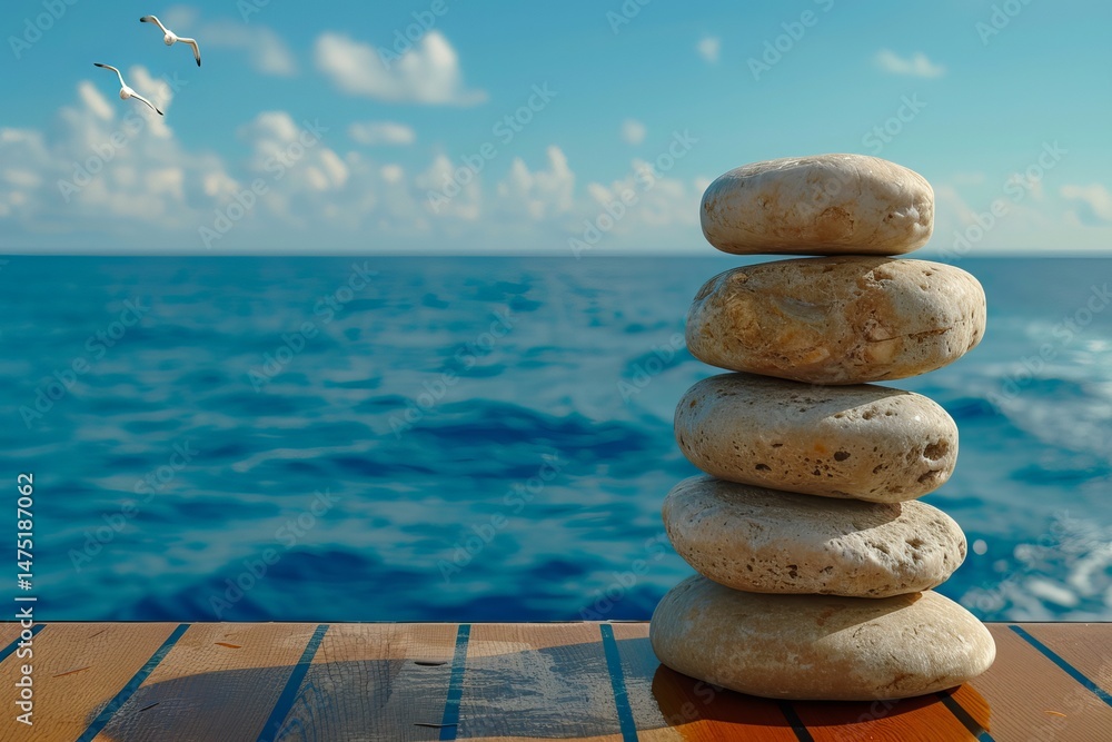 Aufkleber a serene stack of five smooth stones rests on a wooden surface with a tranquil ocean in the backgrou